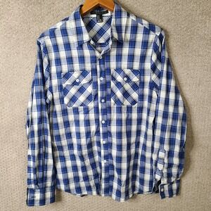 21 Men Shirt Mens S Blue Plaid Button Down‎ 100% Cotton Long Sleeve Casual